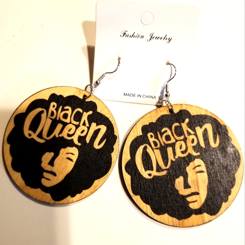 Black Queen Afrocentric Wood Dangle Pierced Earrings